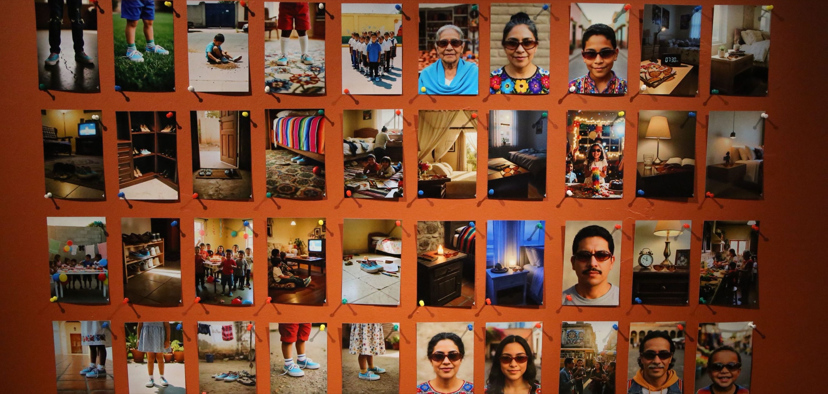 Muro rojo con decenas de fotografías impresas de escenas domésticas y retratos imaginados, sujetas con chinchetas de colores